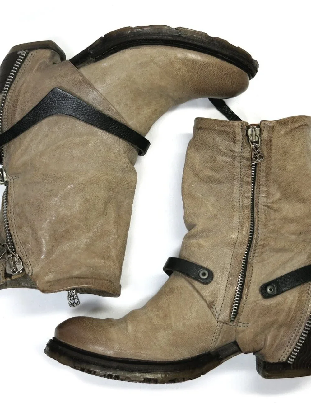 A.S. 98 Beige Double Zippered Boots, EU 38, US 8,Rare, Biker-Boho Strapped Boots - Picture 9 of 16